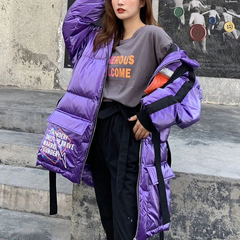 

Зимнее пальто на белом утином пуху с капюшоном и надписью, блестящие парки с буквенным принтом, модная Свободная куртка большого размера, же...