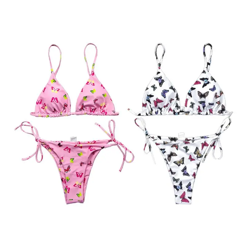 

Для женщин пикантные 2 шт. бразильские микро-бикини комплект красочными бабочками и бантиками, с рисунком, купальник с завязками по бокам с в...