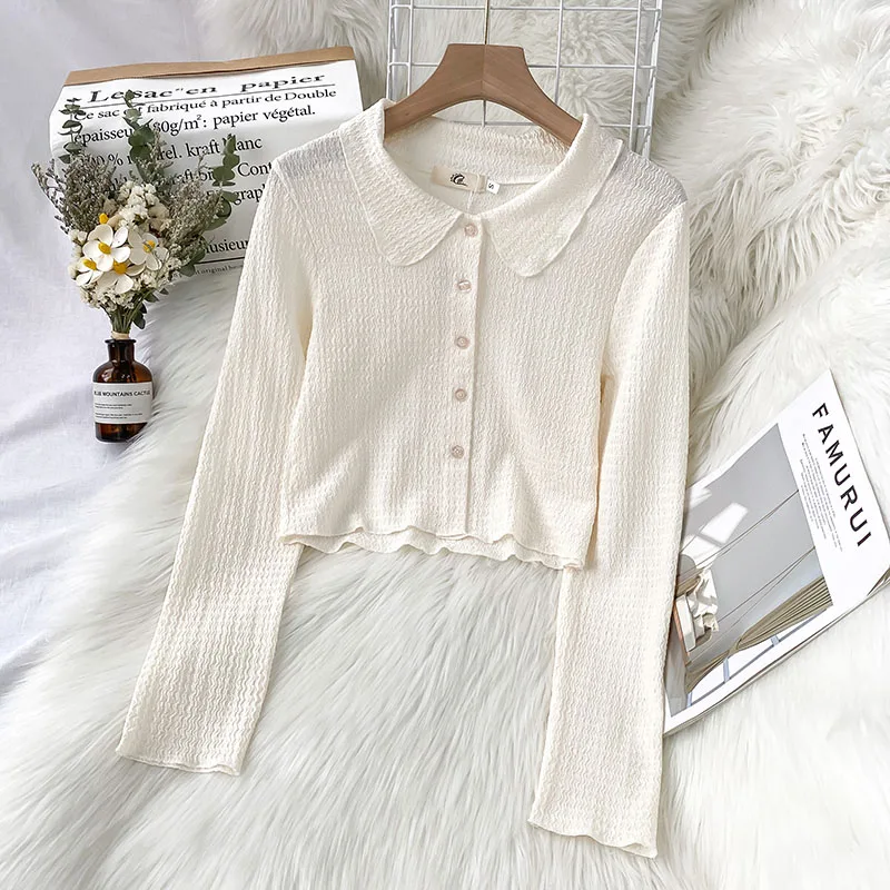 2021 Elegant Lady Lapel Shirt Women's Autumn Design Sense Blouse Retro Sweet Thin Top Casual Slim Simple White Blouse Top Tee