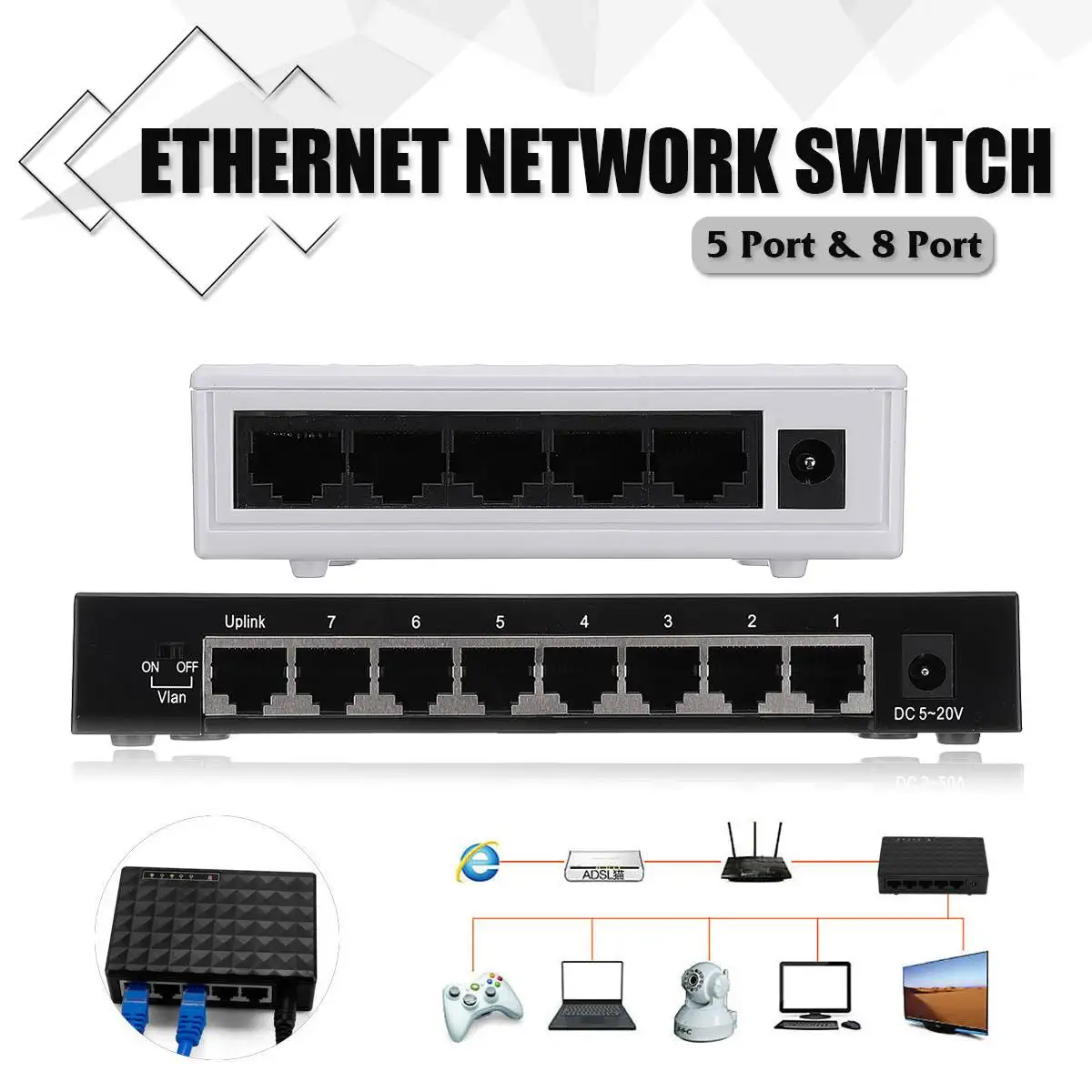 

1 шт., 5 В, 5 портов, 8 портов, 10/100 Мбит/с, гигабитный Ethernet, сетевой коммутатор, Интернет-хаб для ТВ, компьютерных игр
