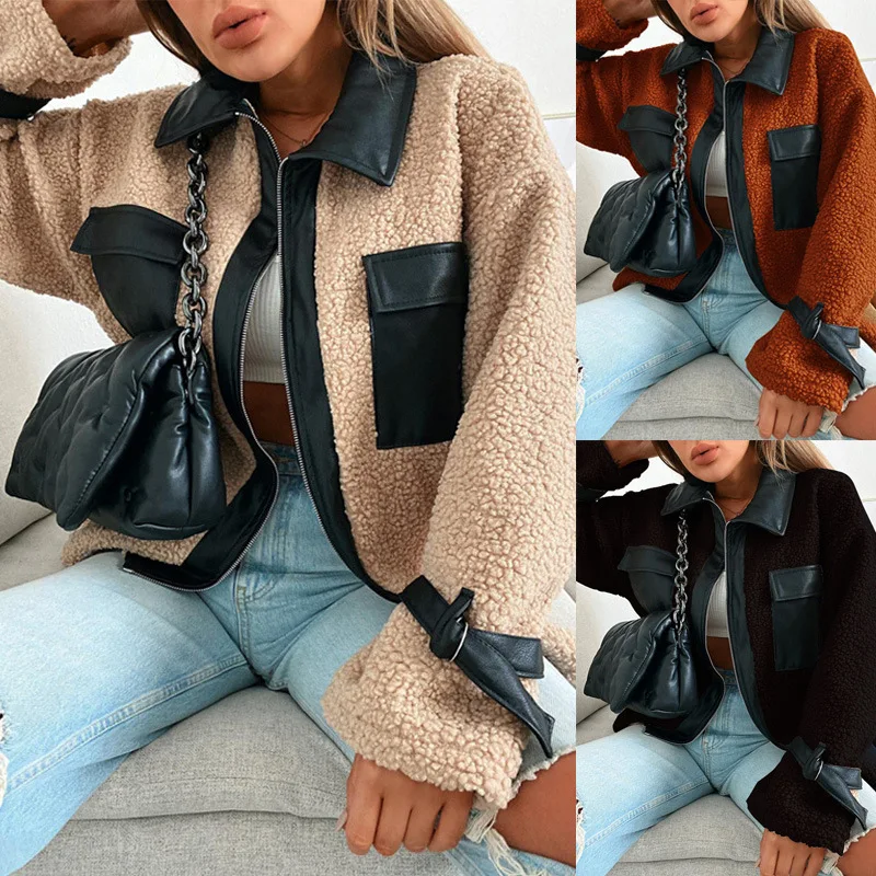 

Winter Women Clothing Coats Wool Patchwork PU Pocket Fashion Cardigan Jackets Zipper Warm