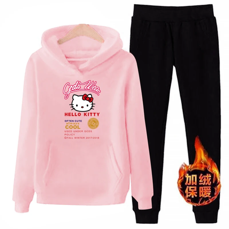 T09 3xl плюс размер hello-kitty 2 шт Женские повседневные спортивные толстовки с капюшоном костюмы толстовка+ спортивные штаны комплект теплая одежда спортивный Спортивный костюм женский - Цвет: pink