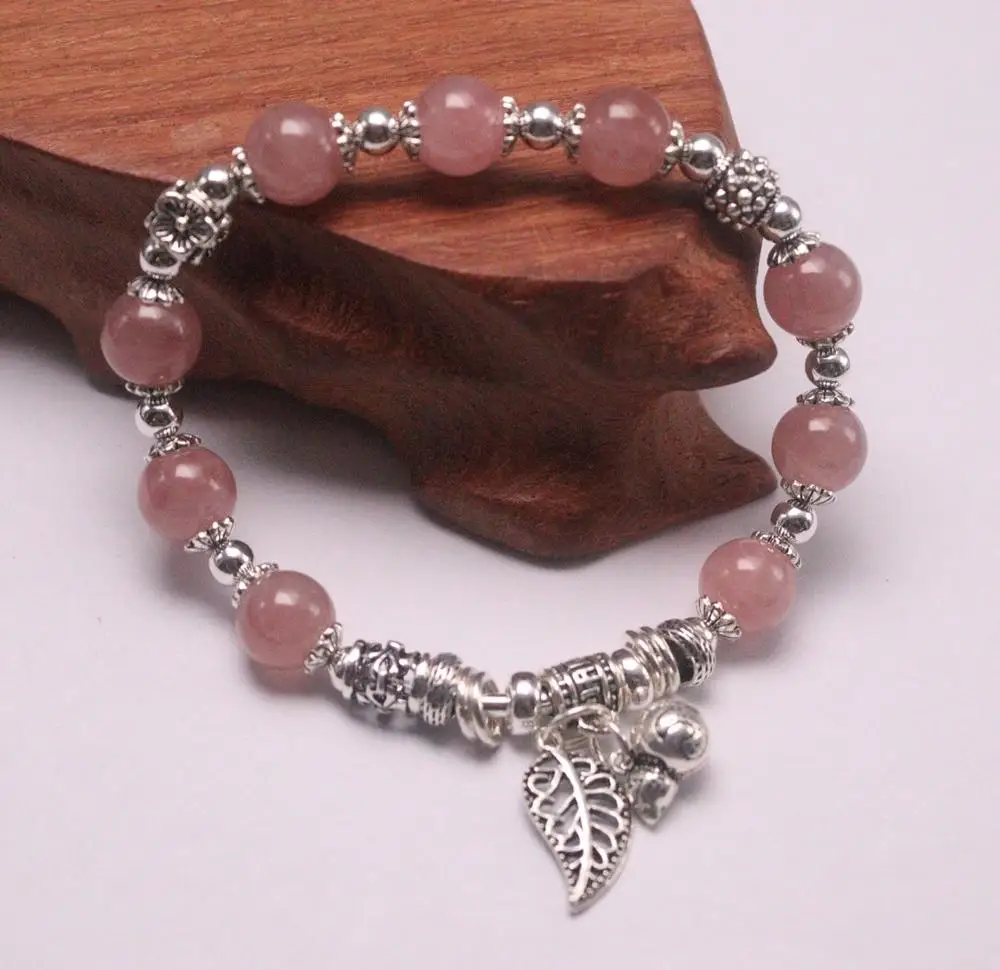 

New Pure 925 Sterling Silver Bracelet 10mm Strawberry Quartz Bead Leaf And Gourd Charm Bracalet Symbol Of Love