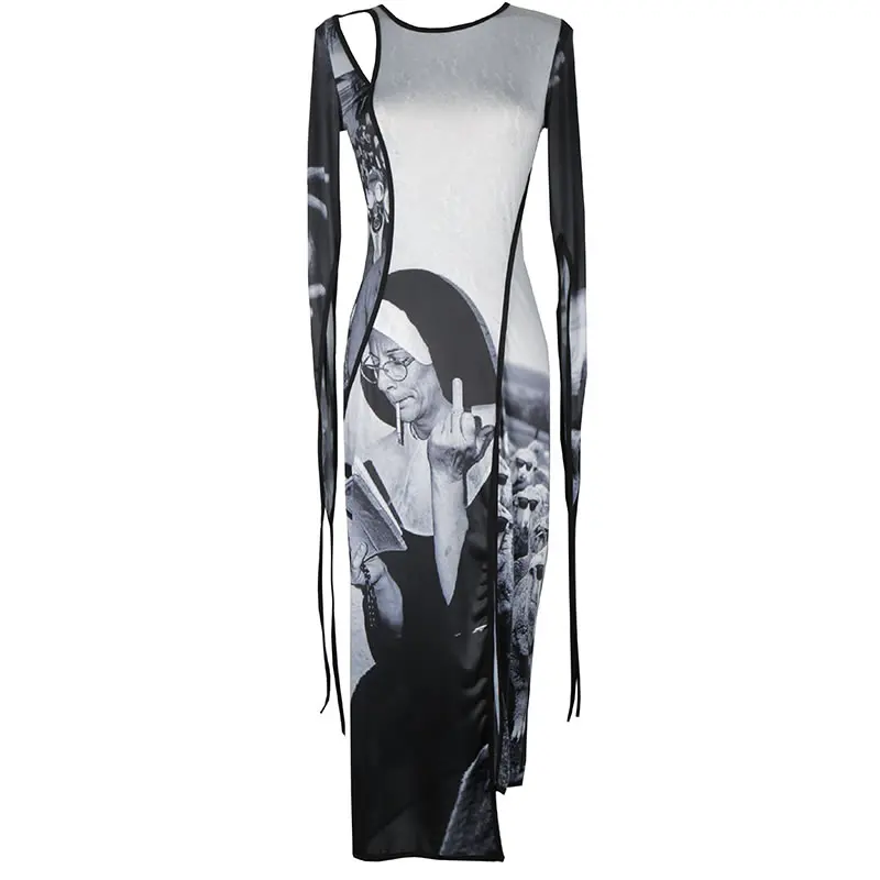 

XITAO Personality Hollow Out Dress Character Print Summer Fashion New Ribbon Sleeve Slim Slit Women Street Trendy DZL2829