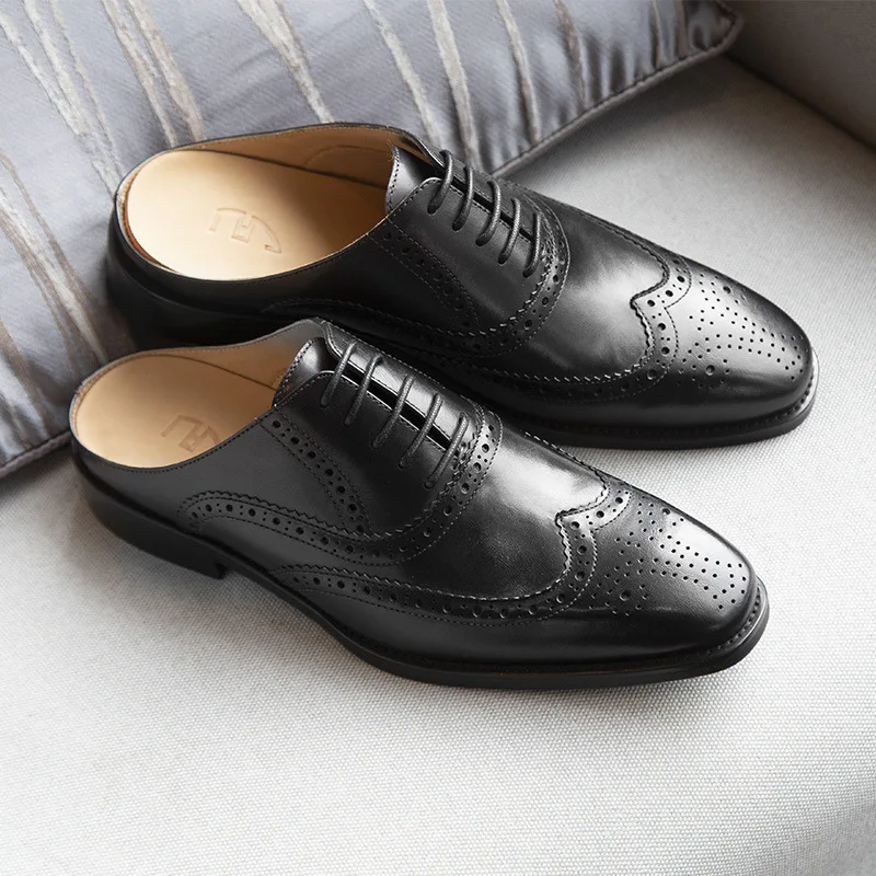 

Men Genuine Wingtip Leather Oxford Pointed Toe Slippers Laces Up Oxfords Dress Brogues Wedding Business Platform Shoes 2021