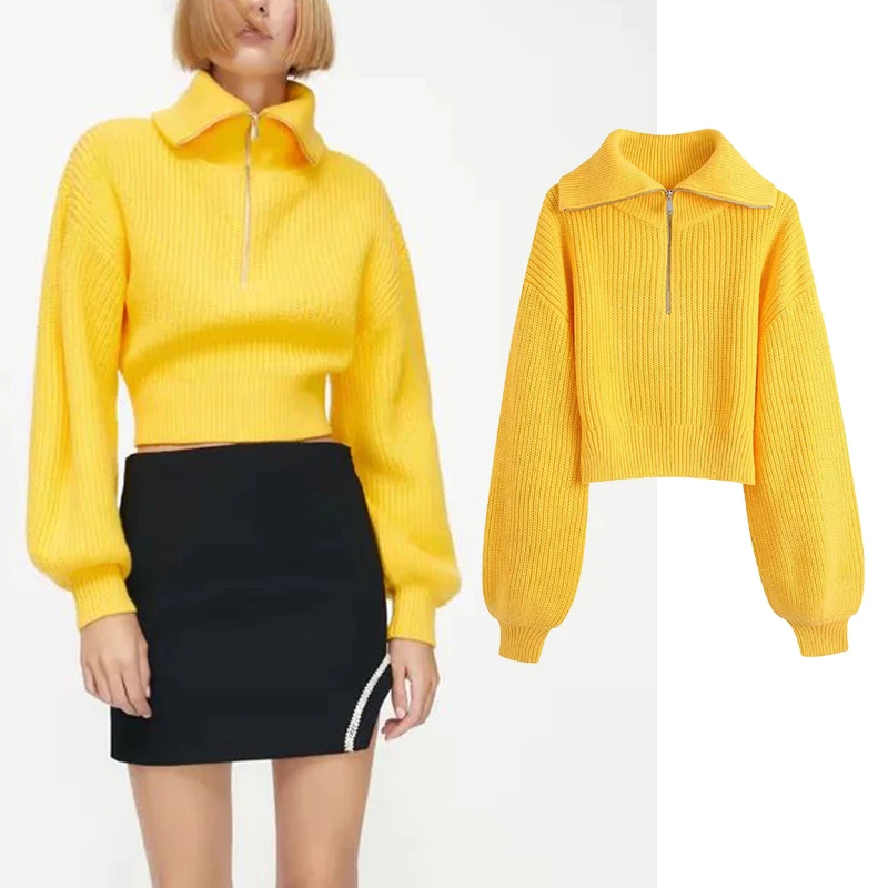 

Sweaters Women 2021 Fashion Solid Zipper Knitted Sweaters Vintage Long Sleeve Chic Female Pullover Tops BB4338