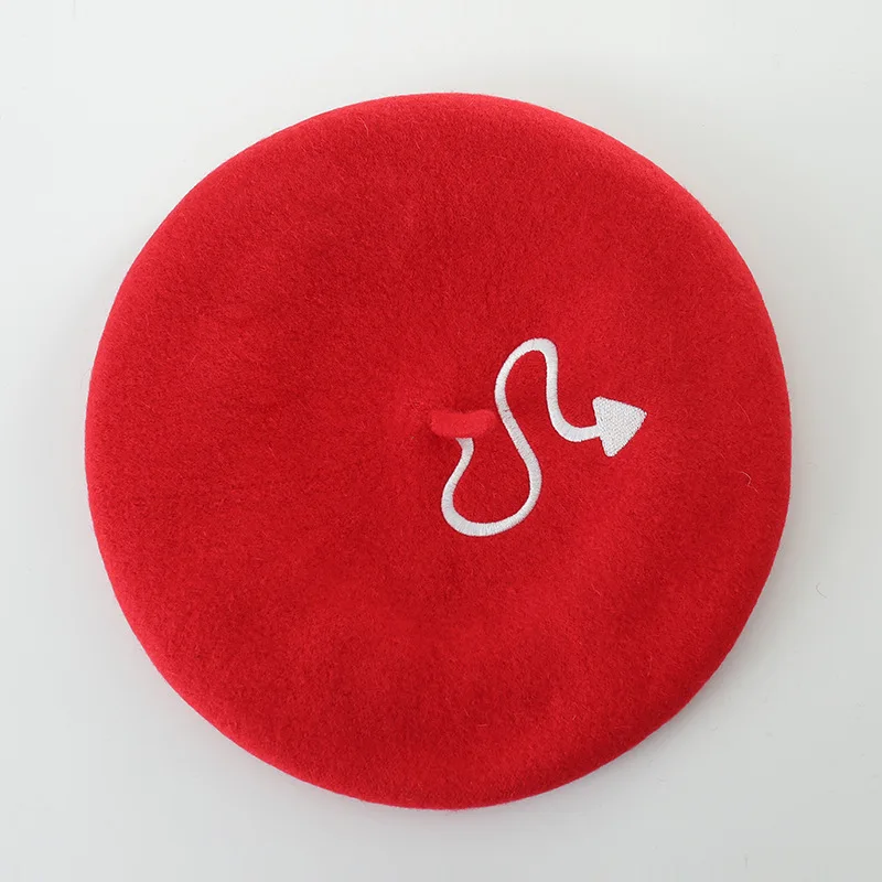 

New Autumn and Winter Knitted Women Hat Devil Cartoon Embroidered Wool Beret Painter Hat Lady Beret Hat Red Berets Cap