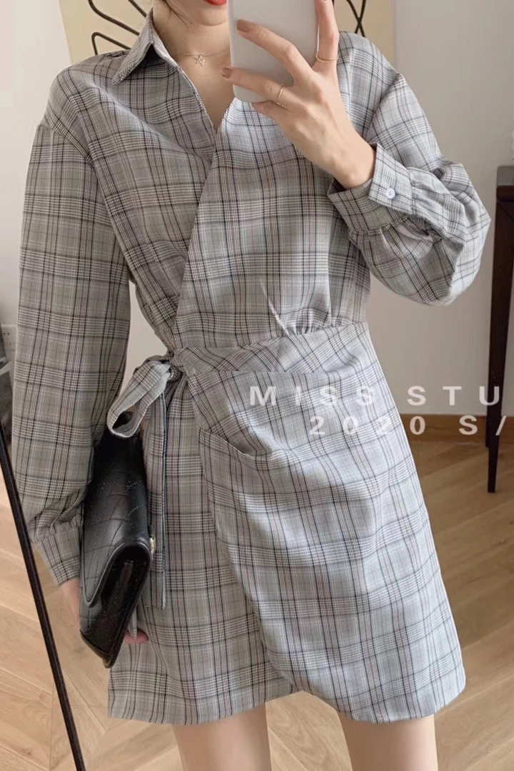 

ZOSOL Korea Spring &Summer New Style Retro Waist Hugging Lace-up Retro Dress Women's Long Sleeve Dress
