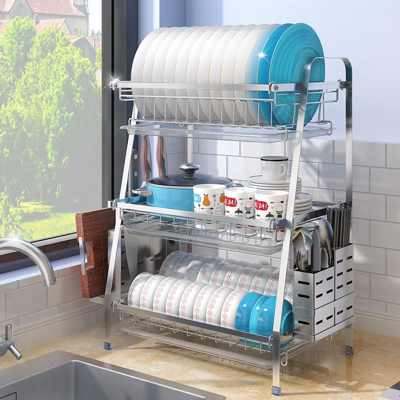 Кухонная сушилка для посуды 3 уровня нержавеющая сталь 304|Полки и держатели| |
