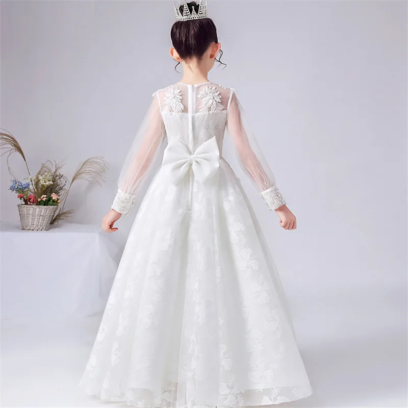 

Children Girls Luxury White Color Long Sleeves Piano Costumes Host Ceremony Princess Fluffy Dress Kids Teens Wedding Party Dress