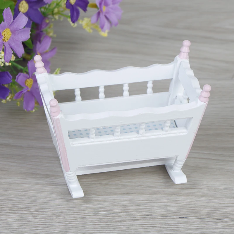 

1:12 Dollhouse Miniature Dolls Furniture White Wooden Cardle Baby Bed Kids Toys Wooden Nursery Cradle Baby Crib