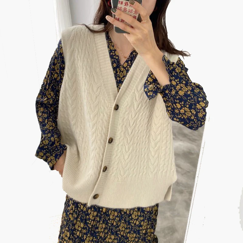 

Spring Autumn Sleeveless Knitted Cardigan Vest Women Vest Sweater V Neck Sleeveless Side Vents Female Waistcoat Chic Tops