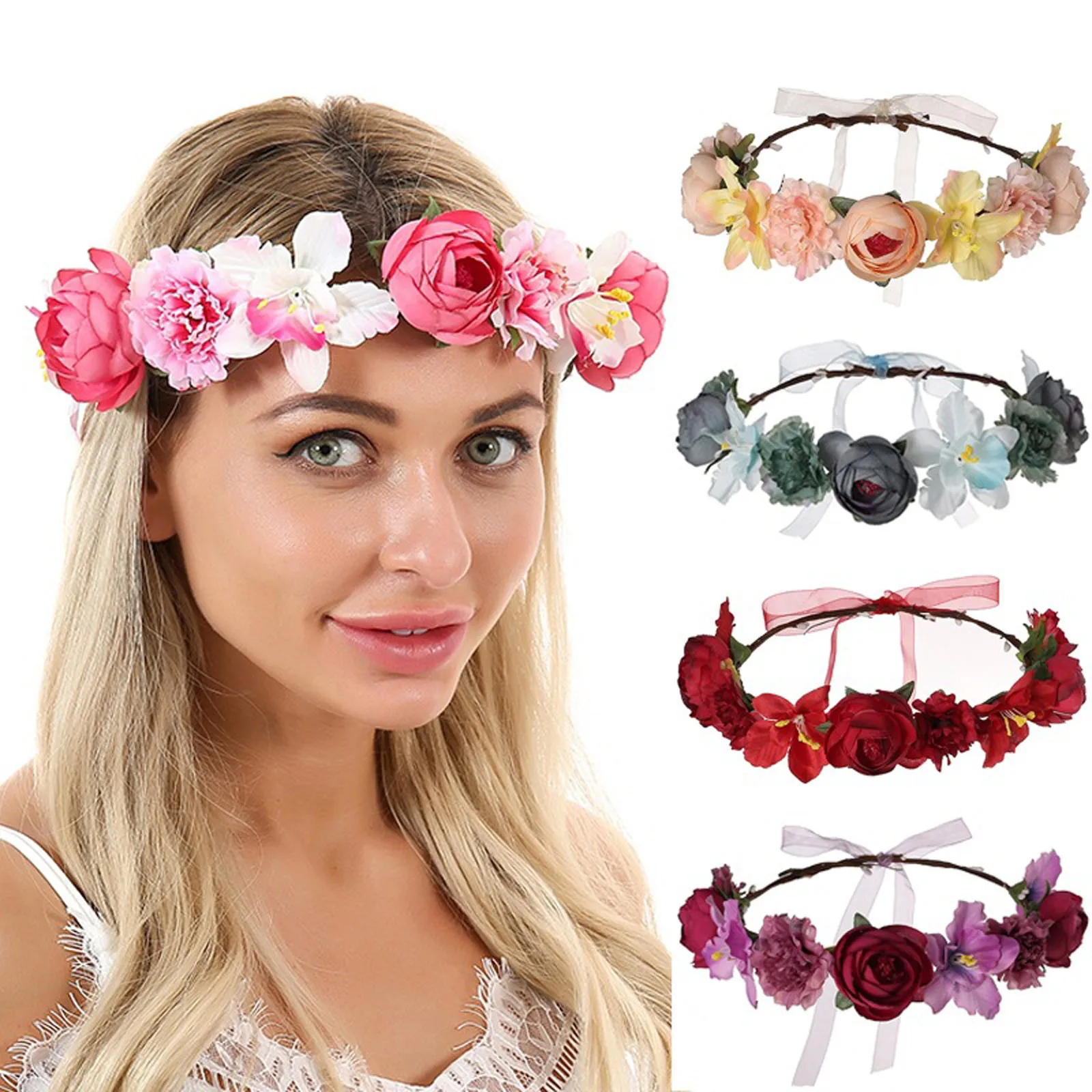 

Women Bridal Colorful Flower Garland Headband Flower Crown Hair Wreath Halo Head Wreath Party Wedding Headpiece Hair Accessories