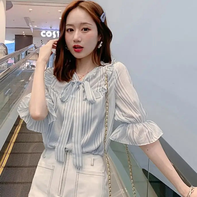 

Striped chiffon shirt women's base shirt western style summer clothing 2021 new clothing temperament top small fresh