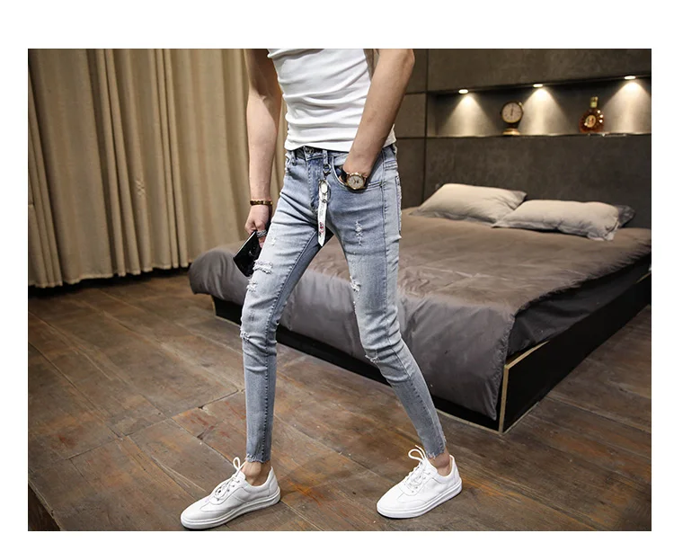 NEW spring autumn skinny strech Casual ripped hole fashion black teenagers hip hop cowboy denim leg jeans men pencil pants