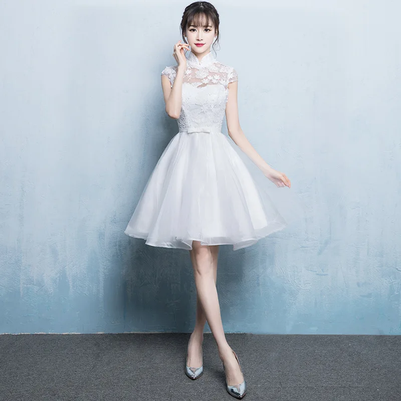 

Chinese dress 2019 new noble white short paragraph improved cheongsam party mini dress female banquet dress