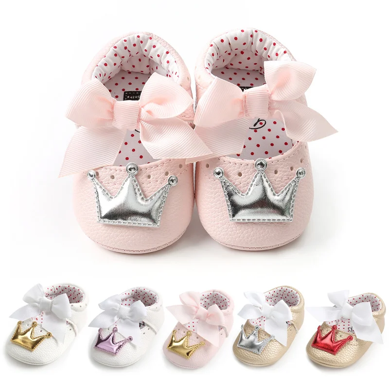 

Baby Shoes Girl Princess Bling Crown Bowknot Toddler PU Rubber Sole Anti-slip First Walkers Infant Newborn Crib Shoes Moccasins