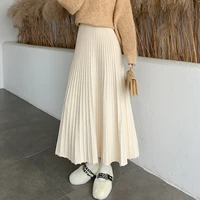 winter thickened rib knitted large swing maxi long skirts elegant solid a line pleated ankle length knit skirts coffree beige