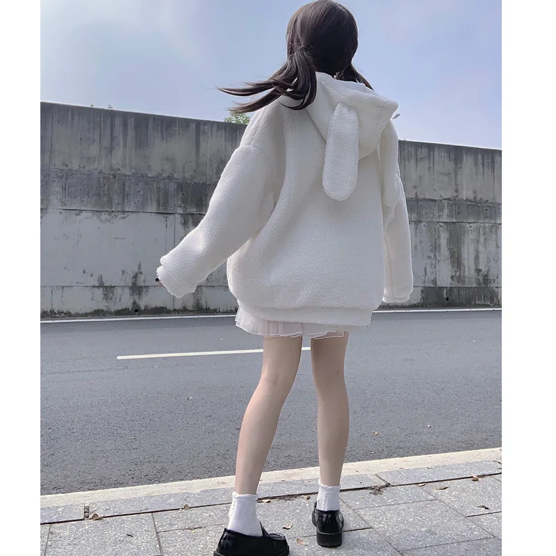 Japanese Sweet Loli Girly Winter Coat Kawaii Rabbit Ear Hooded Cute Lambswool Full Sleeve Zipper Keep Outerweat Y2k Women Jacket