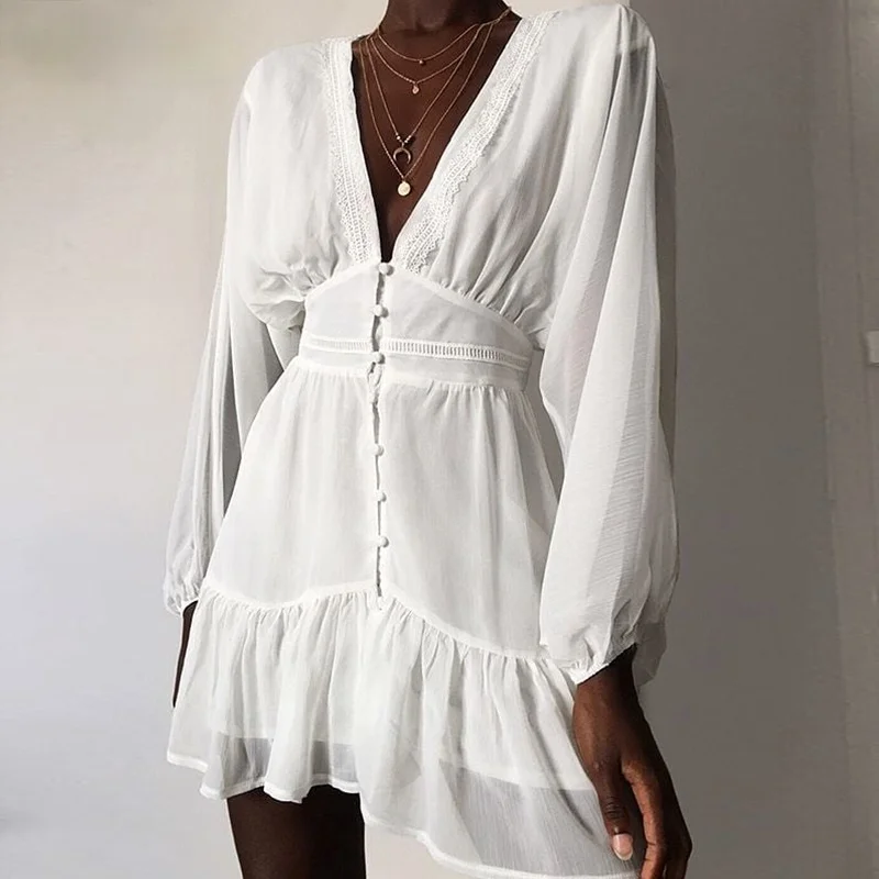 

2021 Summer Women's Fashion V-neck Skirt White Lace Long Sleeve Mini Dress Ruffled Elegant Dress Single Breasted Woman