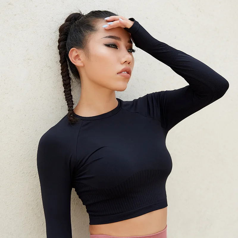 

ZZSLHL Seamless Yoga Shirt Women Long Sleeves with Thumb Hole Fitness Sports Top Stretch Workout Gym Running Wear Navel-baring