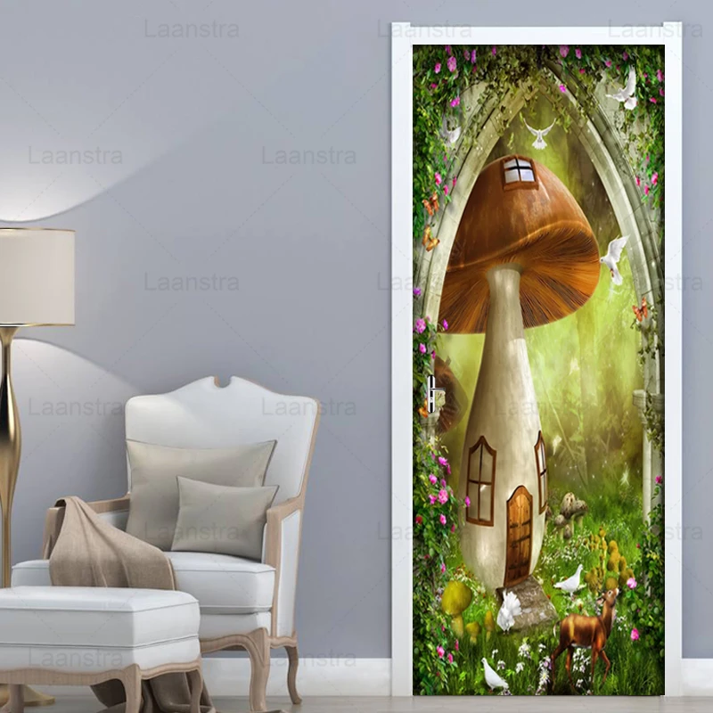 

Fantasy Fairytale Forest Elk 3D Door Sticker For Living Room Bedroom DIY PVC Self Adhesive Wallpaper Waterproof 3D Mural Decal