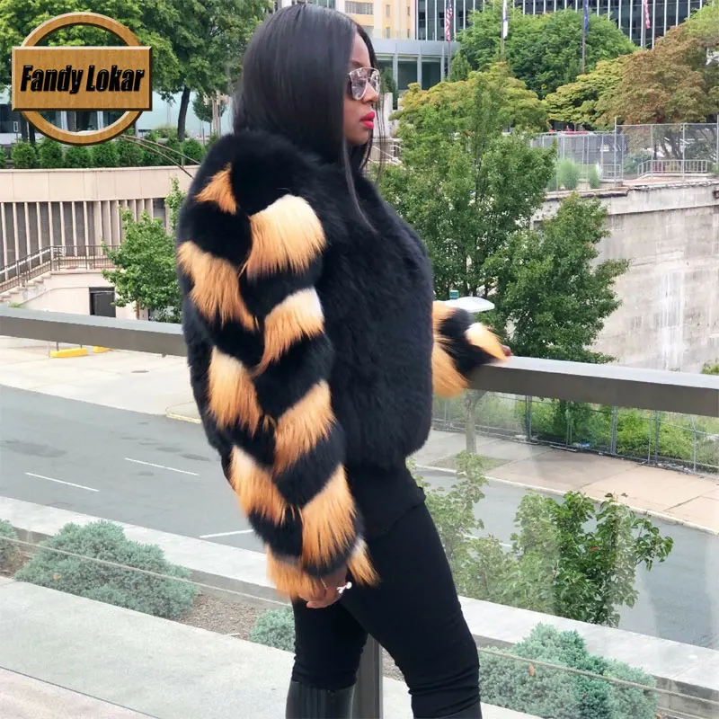 Fandy lokar шуба из натурального Лисьего меха женская зимняя мода яркие рукава теплые