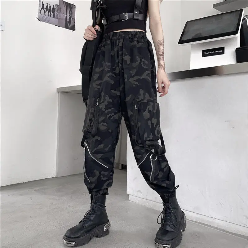 

HOUZHOU Techwear Pocket Harajuku Cargo Pants High Waist Jogger Tracksuit Pant Women Zipper Camouflage Harem Trouser Streetwear