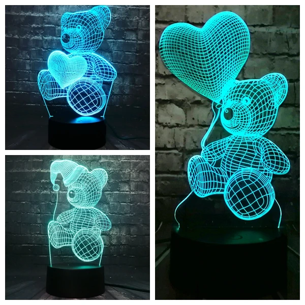 Горячая Распродажа 3D светодиодный ночной Светильник медведь любовь мяч 7 цветов