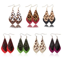 genuine leather earrings set double level water droplet women statement earrings leopard print eardrop