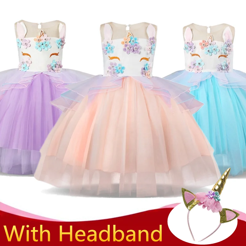 Детское платье для свадебной вечеринки с цветами и единорогом девочек Платье дня