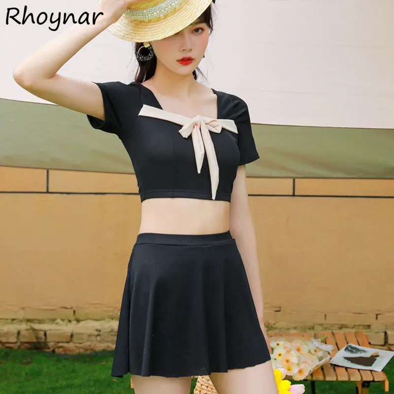 

Bikini Sets Women Students Bow Patchwork Leisure Slim Short Sleeve Holiday Korean Style Summer Hot Sale Swimwear Ladies Simple