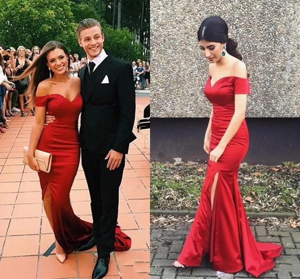 

Hot Red Sexy Off Shoulders Sweep Train Satin Mermaid Prom Dress Custom Made Split Evening Dresses Vestidos De Fiesta Party Gown