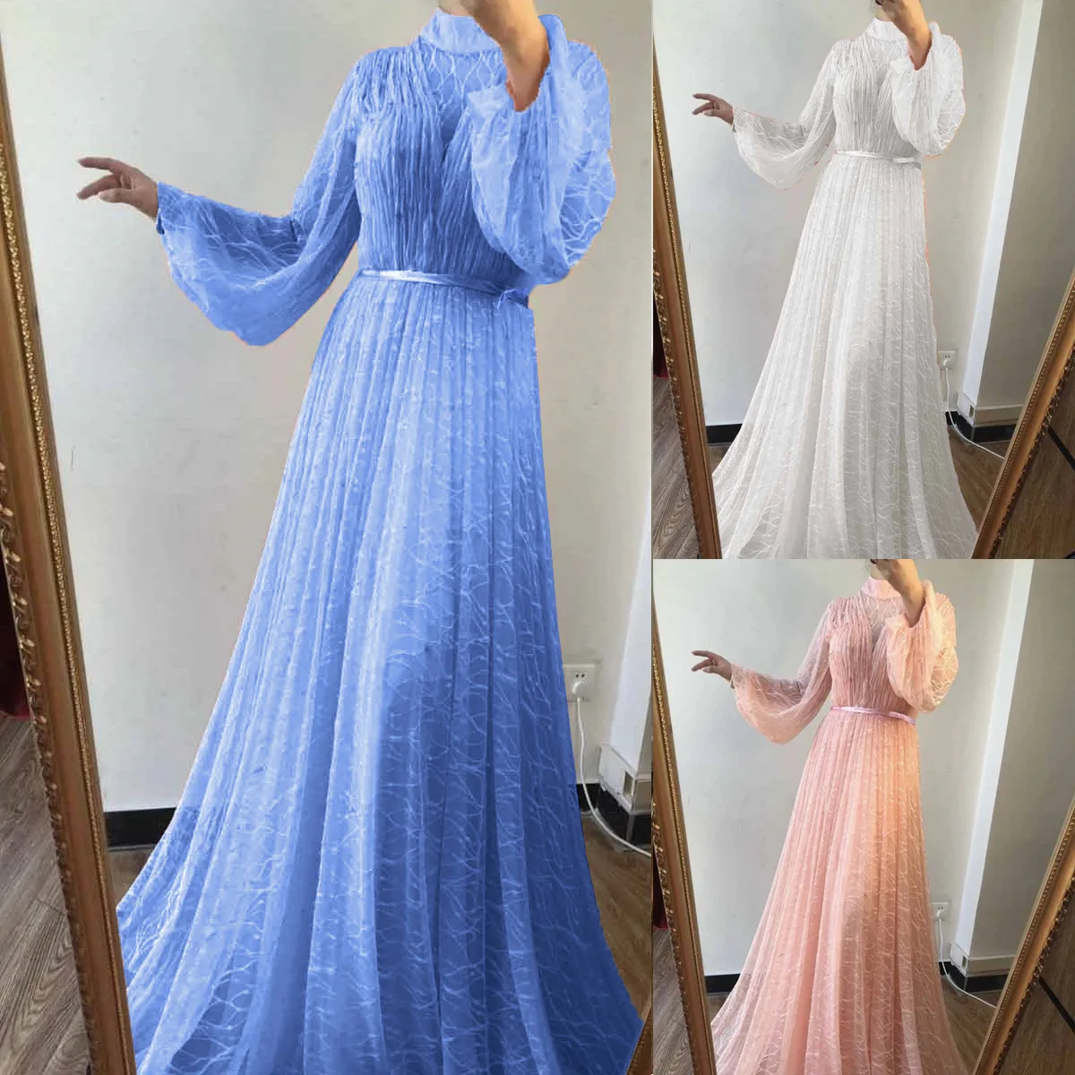 

Winter New Arrival High Waist Long Prom Dresses Blue Puff Sleeve Wedding Party Bridesmaid Gowns Fashion Homecoming Birthday Robe