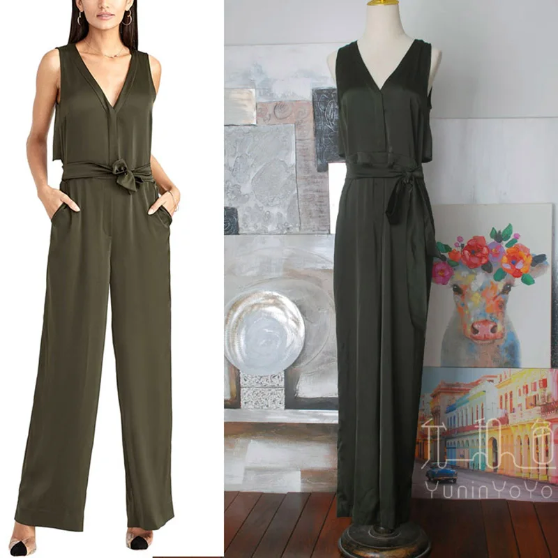 

YUNINYOYO Silky softness hang down suitable V-neck back Cape High Waist Wide Leg Jumpsuit Army Green plus-size women styles