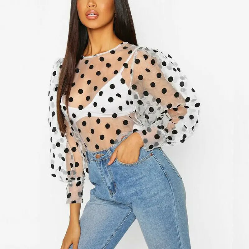 

Sexy Women Mesh Sheer See-through Blouse Summer Long Puff Sleeve Tops Blouse Elegant Woman Polka Dot Printed Perspective Shirt
