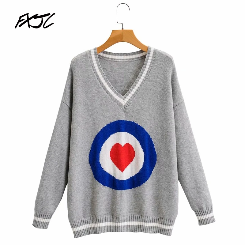 

V-neck Long-sleeved Pullover Love Contrast Color Warm Simple Chic Female Sweater Korean Version Harajuku Autumn Women's Sweater