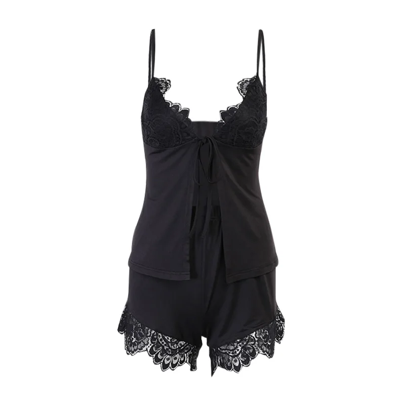 

Beyouare Women Two Piece Set Sexy Lace Chiffon Patchwork V Neck Bare Chest Bandage Sling Top And Elastic Waist Shorts 2021Summer