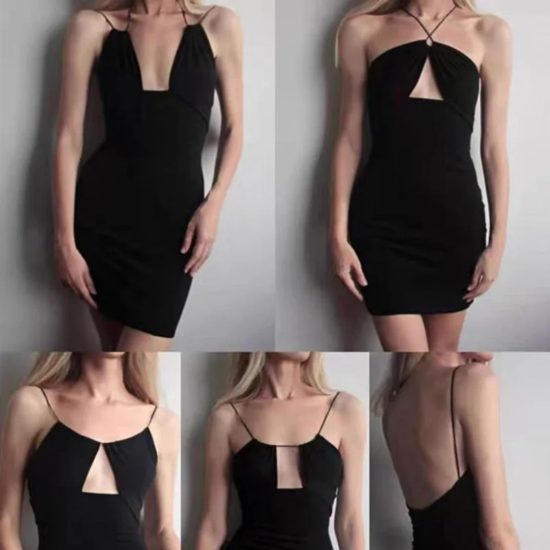

UNAIZA 2021 Women Dress Fashion Sexy Hollow Halter Strap Slim Slimming Dress Solid Color Halter U-neck Sling Sleeveless Skirt