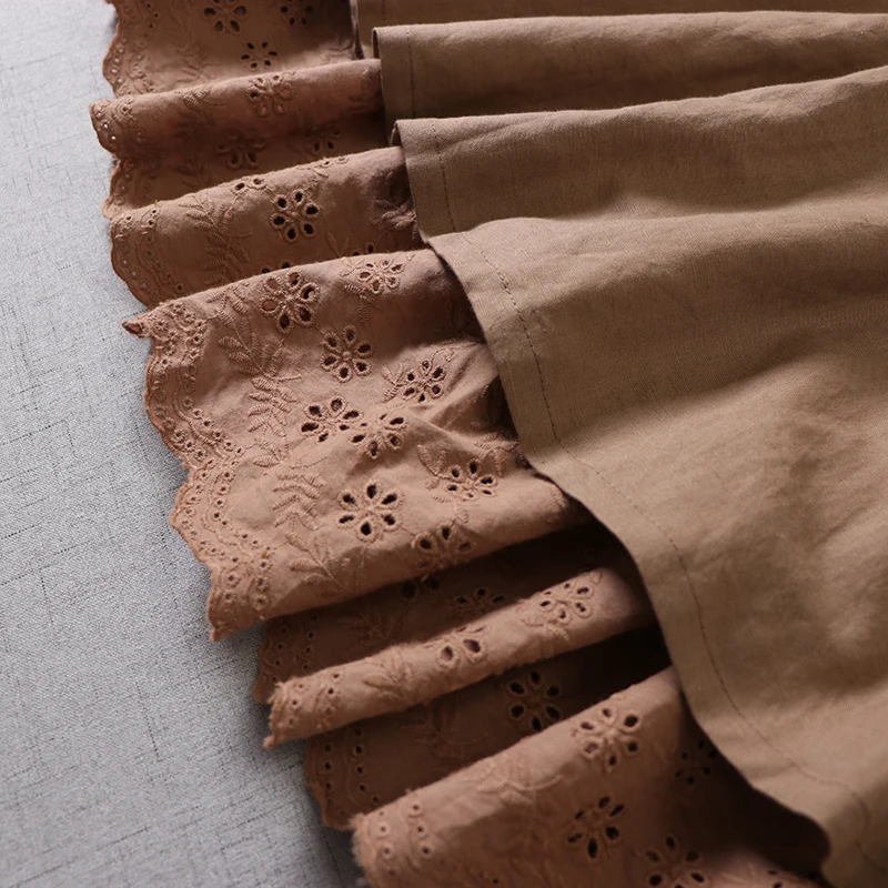 

Spring Summer New Mori Girl Lace Patchwork Linen Skirt Literature Embroidery Double inner lining A-line Skirt