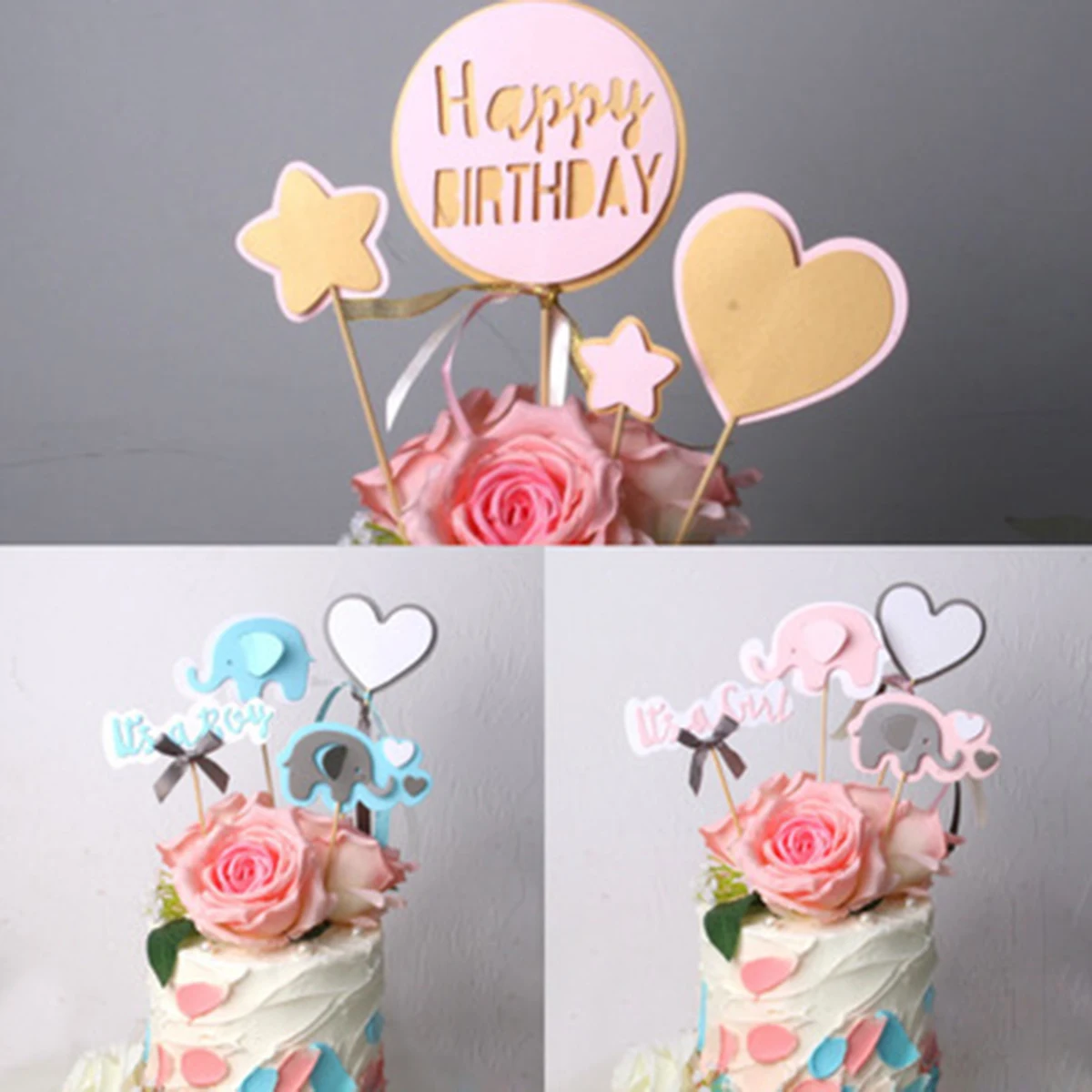 

Birthday Party Cake Insert Brand Cake Decoration Round Gold Letter Love Set Little Elephant Love Small Fresh Style Flag