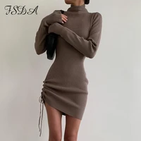 fsda turtleneck 2021 knitted dress bodycon women ruched mini long sleeve brown sexy elegant dresses party white