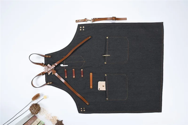 

Denim Kitchen Cooking Apron with Adjustable Cotton Strap Large Pockets Blue Barista Men and Women Homewear
