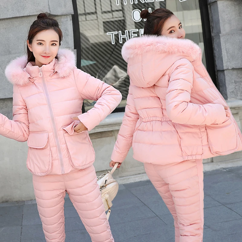 

2020 Casual Winter Jacket Women Hooded Warm Coats and Thick warm pants Suits Female Fur Collar Slim Parkas Pants Two piece Sets
