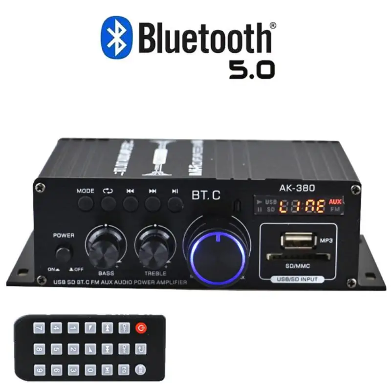 

40W * 2 Ak380 Bluetooth 5.0 Sound Power Amplifier Mini HiFi Stereo Audio Class D Amp Bass Treble For Speakers Player FM Radio