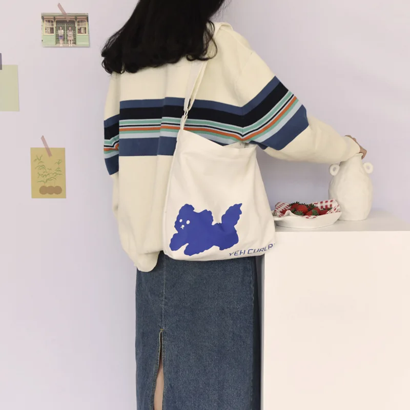 

Хлопок Холст эко девушка хозяйственная сумка кросс-боди Один ремень напечатаны синяя собака CYB85