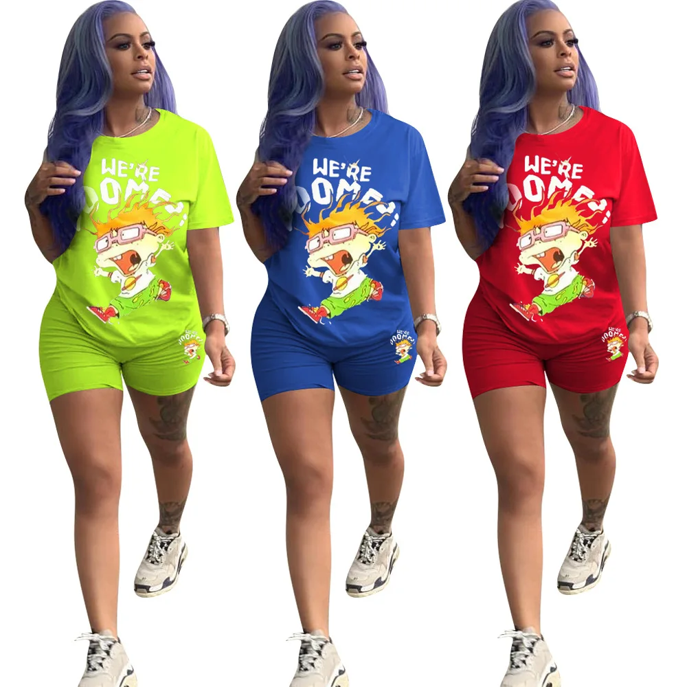 

Women's shorts sports suit cartoon printing two women's casual summer fashion jacket and shorts outfit