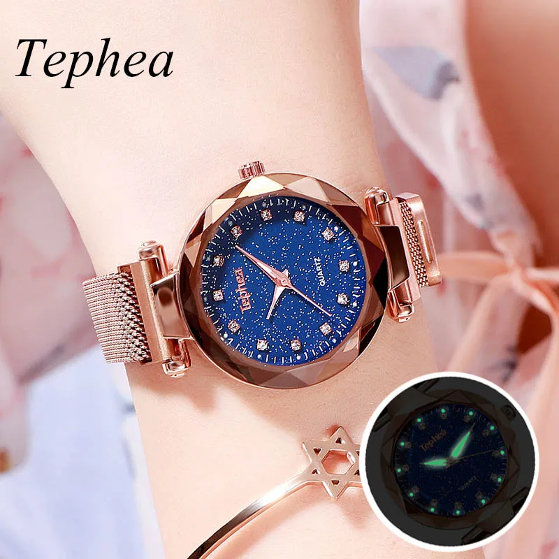 Роскошные женские наручные часы розового золота с магнитом звездного неба