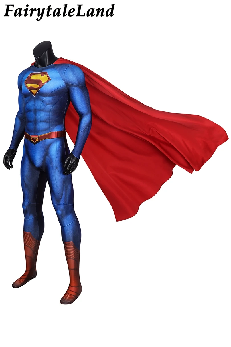 

Superhero Clark Jumpsuit with Soles Kent and Lois Costume Adult Man Halloween Cosplay Hero Outfit Blue Printing Zentai Red Cape