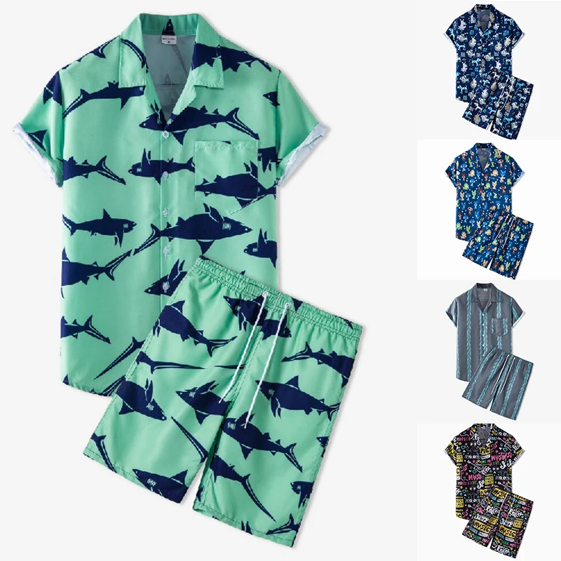 New Men Hawaiian Sets Printing 2021 Summer Fashion Short Sleeve Button Shirt Beach Shorts Streetwear Casual Mens Suit 2 Pieces